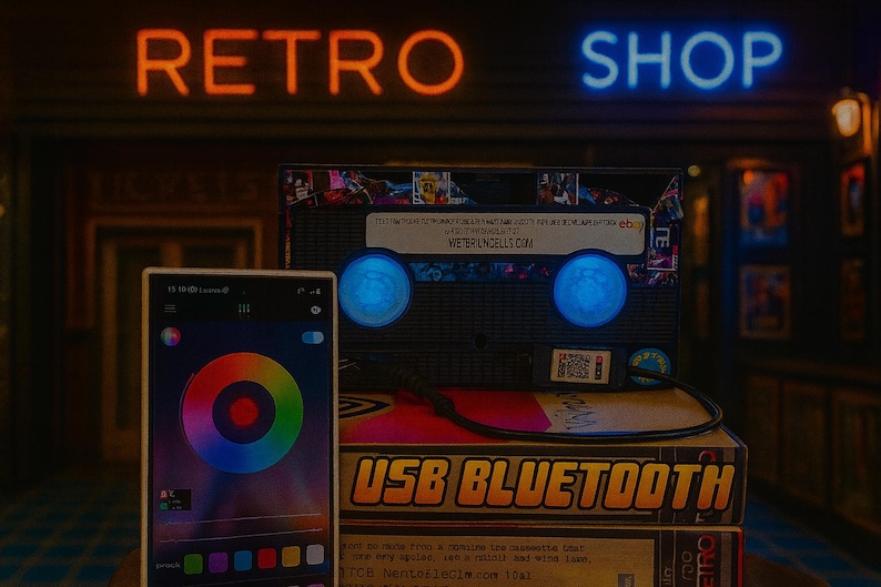 a retro shop with neon signs, a USB Bluetooth speaker, and a smartphone displaying a colorful wheel.