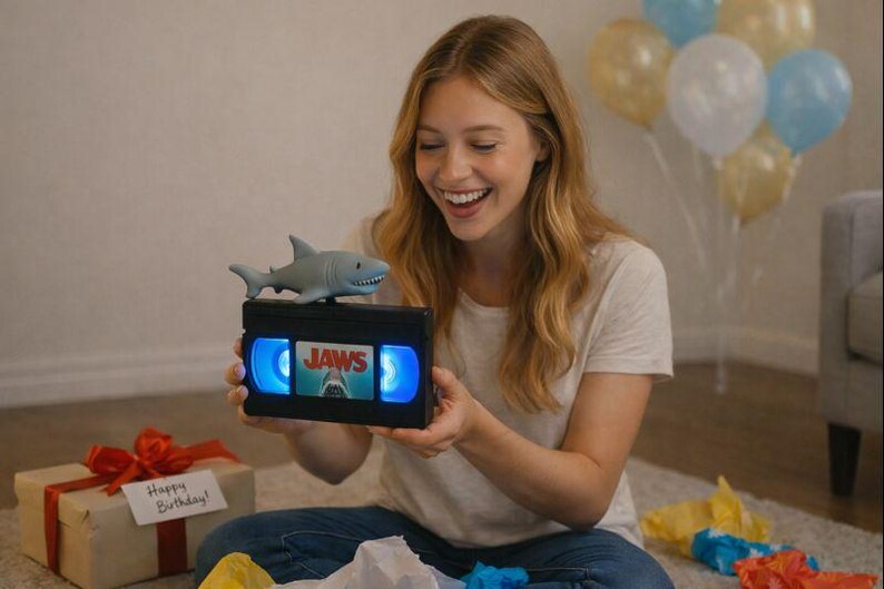 A woman is sitting on the floor, holding a VHS tape with a shark figure on top, smiling and appearing to be happy.