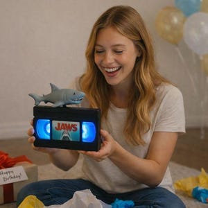 A woman is sitting on the floor, holding a VHS tape with a shark figure on top, smiling and appearing to be happy.