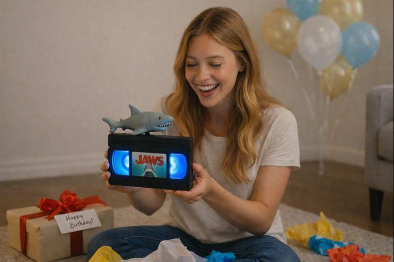 A woman is sitting on the floor, holding a VHS tape with a shark figure on top, smiling and appearing to be happy.