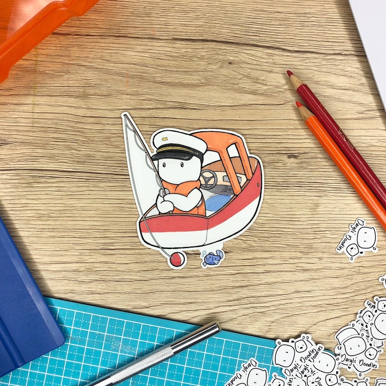 Doodle Boy Fishing Boat Sticker image 1