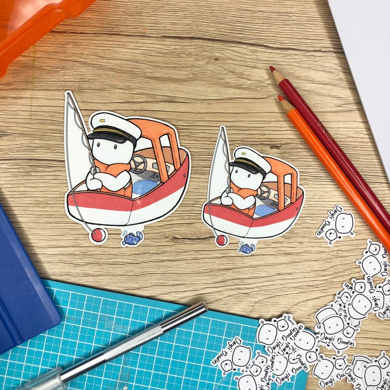 Doodle Boy Fishing Boat Sticker image 2