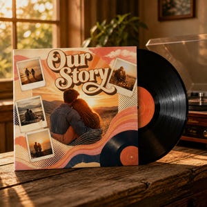 May include: A square vinyl record jacket featuring the text Our Story in a retro font, decorated with four polaroid-style photos of couples at sunset, a central image of a couple embracing, and colorful wavy lines over a dotted background.