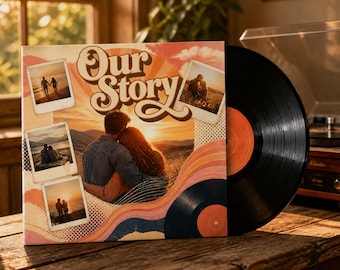 Può includere: Una copertina quadrata per disco in vinile con il testo Our Story in un carattere retrò, decorata con quattro foto in stile polaroid di coppie al tramonto, un'immagine centrale di una coppia che si abbraccia e linee ondulate colorate.