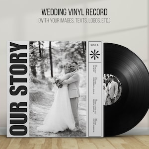 May include: A black and white photo of a couple on their wedding day. The photo is on a white vinyl record with the text "OUR STORY" printed on the left side. The text "WEDDING VINYL RECORD (WITH YOUR IMAGES, TEXTS, LOGOS, ETC.)" is printed at the top of the record. The text "SIDE A" is printed on the right side of the record.