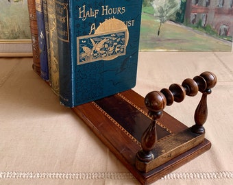 Victorian folding Bookends with bobbin turned ends and inlay, engraved Killarney Lakes