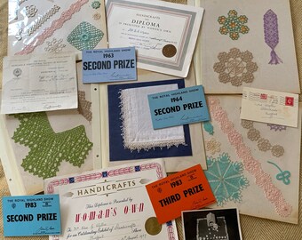 Collection of vintage tatting and crochet samples with prize cards & certificates