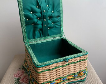 Vintage wicker sewing basket made of wood and plastic