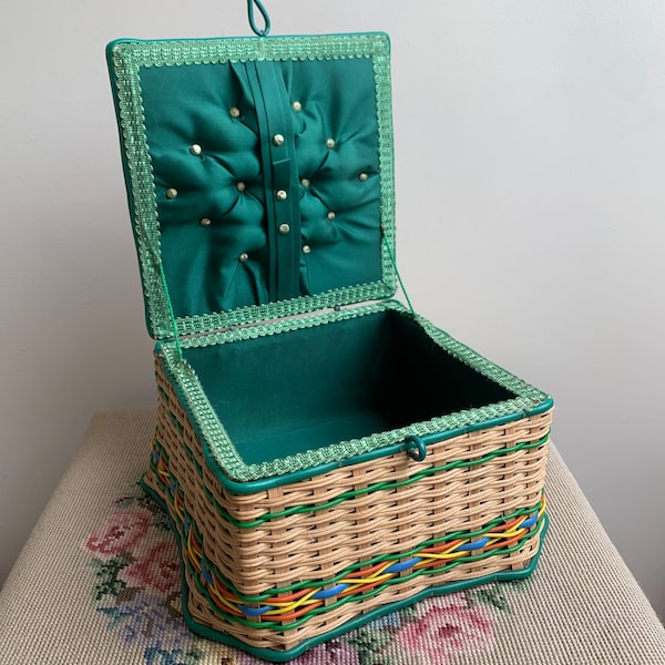 Vintage wicker sewing basket made of wood and plastic