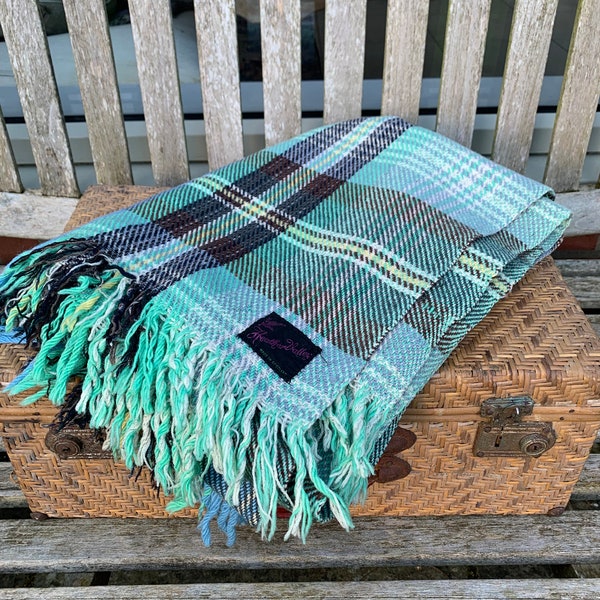 Vintage tartan woollen picnic blanket Made in Scotland by Heather Valley | mint green and pale blue