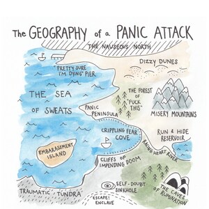 May include: A hand-drawn illustration of a map depicting the geography of a panic attack. The map features various locations such as "The Sea of Sweats", "Misery Mountains", "The Forest of "F*ck This"", "Crippling Fear Cove", "Self-Doubt Sinkhole", and "The Caves of Rumination".