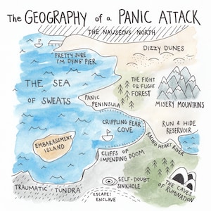 Pode incluir: Uma ilustração de aquarela de um mapa que representa a geografia de um ataque de pânico. O mapa apresenta vários locais como "O mar dos suores", "As montanhas da miséria", "A enseada do medo paralisante", "As dunas vertiginosas", "A floresta da luta ou da fuga", "O reservatório da fuga e da ocultação", "As cavernas da ruminação", "O sumidouro da dúvida própria", "Escape! Enclave", "Os penhascos da iminente perdição", "A ilha do embaraço", "A península do pânico", e "A tundra traumática".