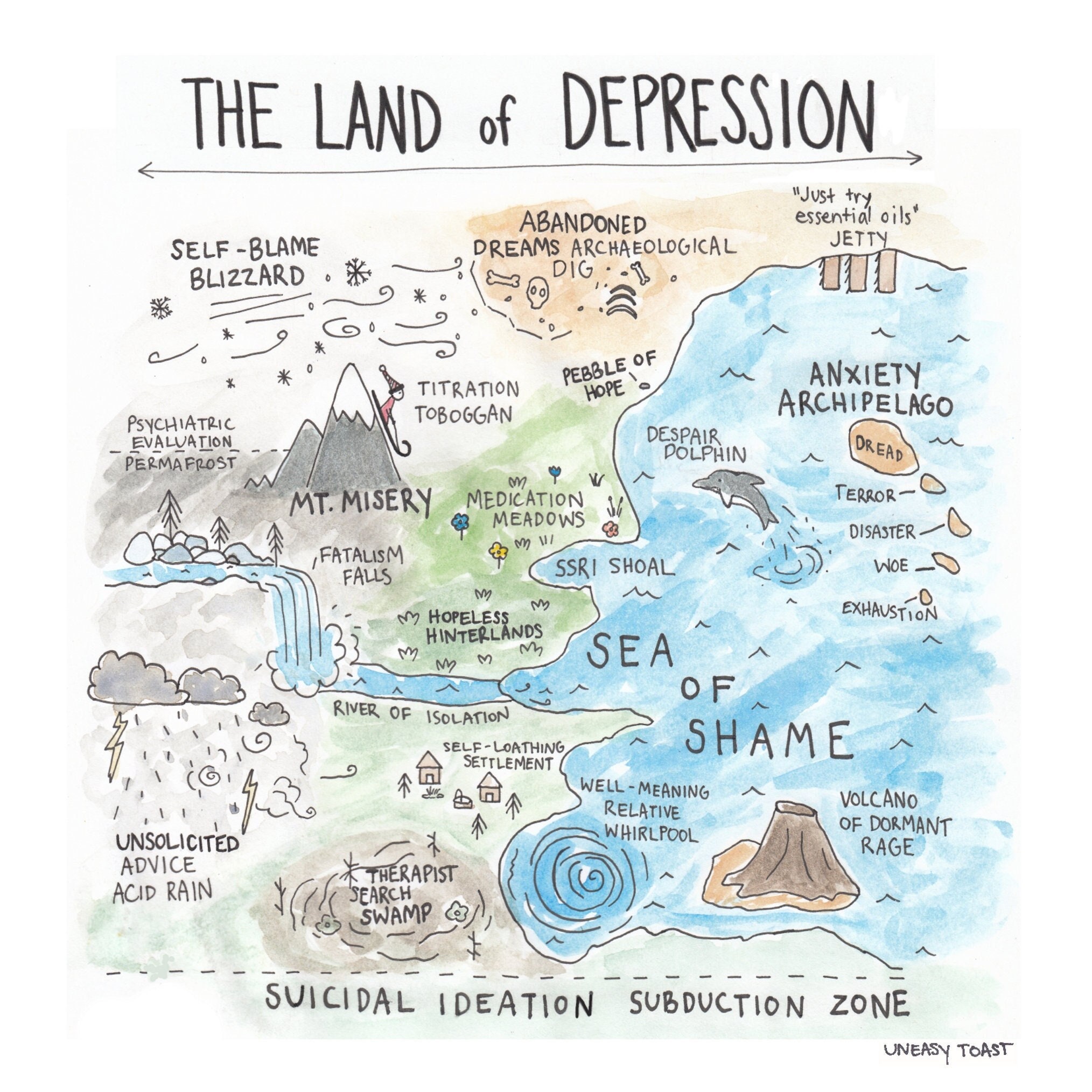 Depression Map - Physical Print - Mental Health, Anxiety, Panic, Trauma ...
