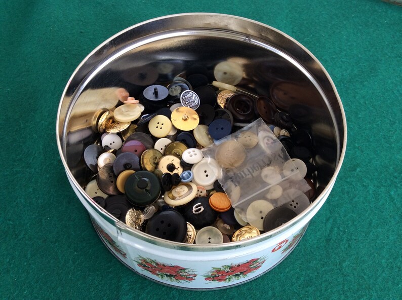 Papadopoulos Biscuits Tin Box Rare Buttons Lot of Vintage Buttons in a Collectible Tin Old Greek Biscuit Tin Box Floral Tin Box