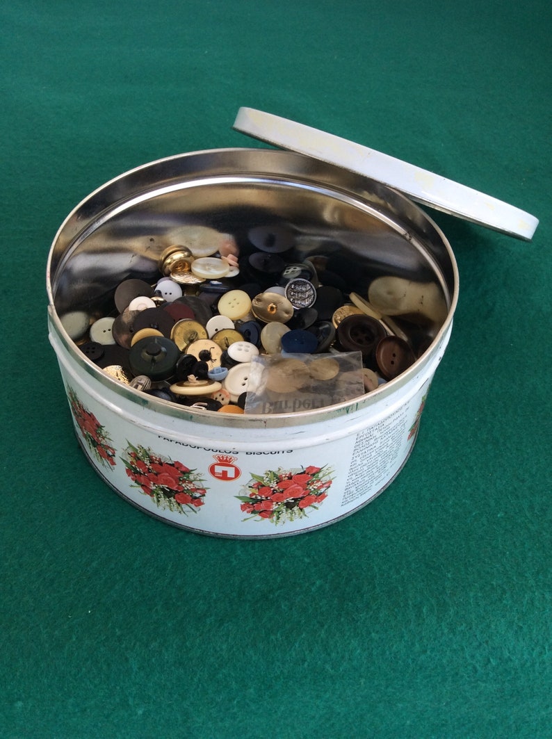Papadopoulos Biscuits Tin Box Rare Buttons Lot of Vintage Buttons in a Collectible Tin Old Greek Biscuit Tin Box Floral Tin Box