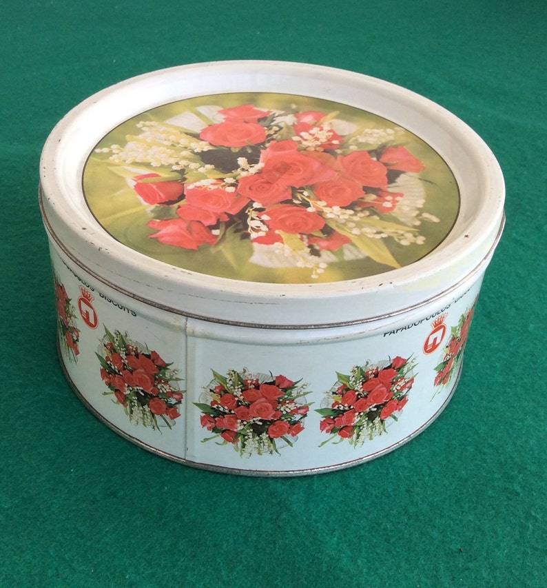 Papadopoulos Biscuits Tin Box Rare Buttons Lot of Vintage Buttons in a Collectible Tin Old Greek Biscuit Tin Box Floral Tin Box