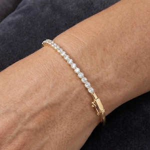 Round Moissanite Half Eternity Bangle in 18K Gold Vermeil, Sparkling Solitaire Station Bracelet, Minimalist Bridal Bangle, Gift for Her