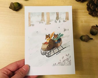 Woodland art print postcard, cute winter print, Holiday postcard, snow art print, fox forest winter art print, bear art print woodland