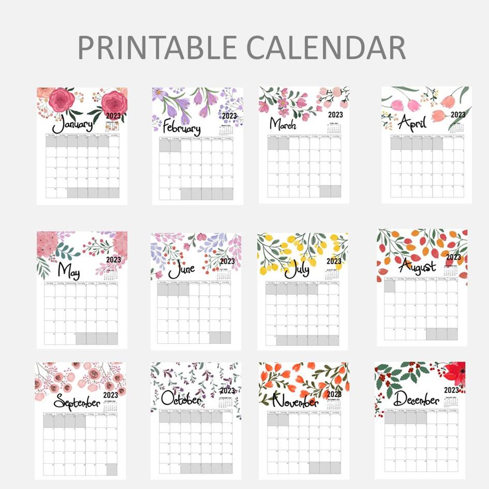 painted flowers 2023 calendar printable pdf etsy uk july 2023