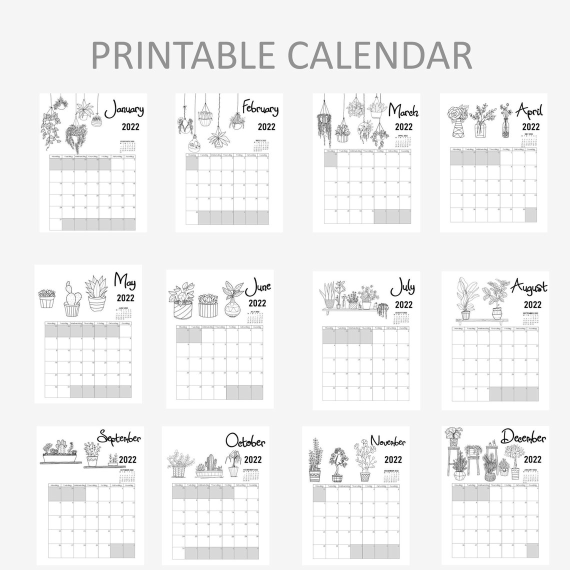 house plants to color 2022 calendar printable pdf etsy