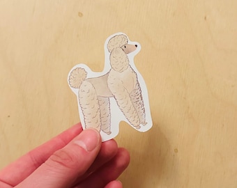 May include: A white poodle sticker with a fluffy, cartoon-style design. The sticker is on a light wood background.