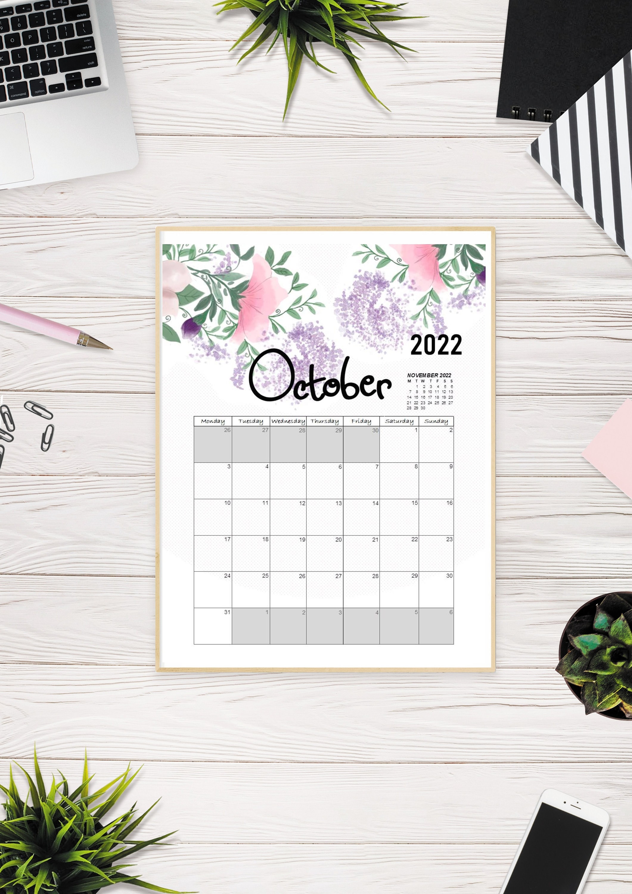 watercolor flowers 2022 calendar printable pdf etsy