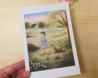 Daisy Bouquet Art Print with Dachshund, Whimsical Spring Meadow Wall Decor, Cute Girl and Doxie Illustration, Cottagecore Floral Art, 5x7