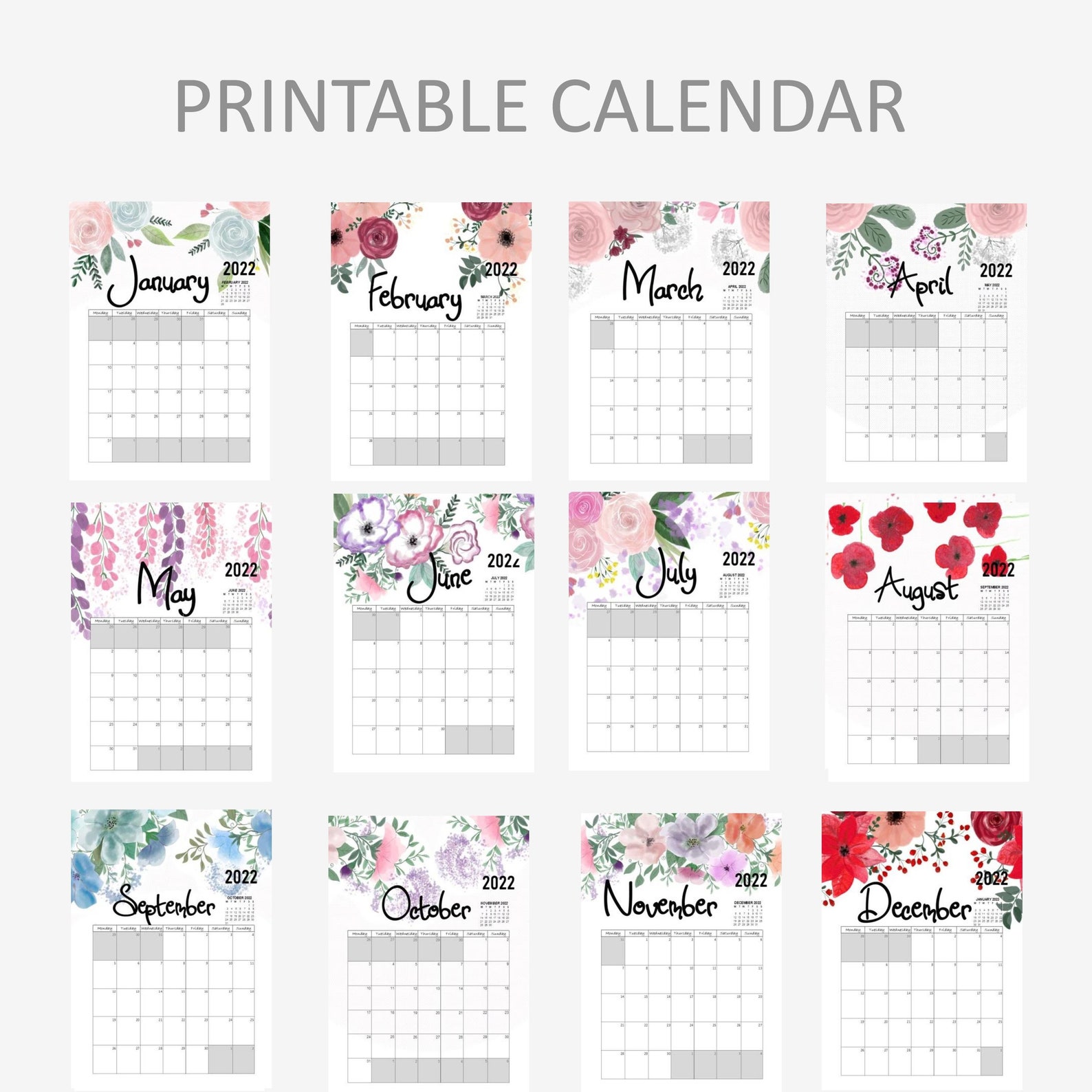 Watercolor Flowers 2022 Calendar Printable PDF Etsy Singapore