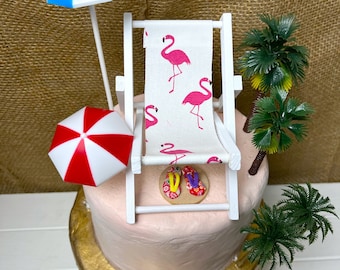 Tropical Beach Cake Topper: Palm Trees, Umbrellas, Miniature Chair