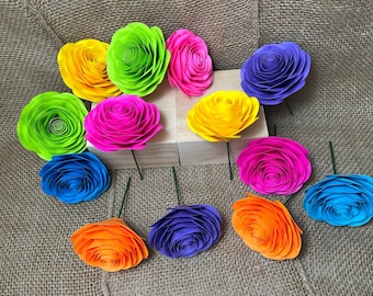 13 Rainbow Paper Roses, 3" Flowers with Stems: Unicorn Party Decor