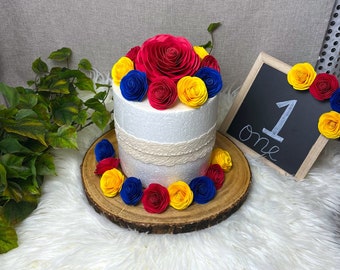 Snow White Cake Topper: Red, Yellow, Blue Paper Roses
