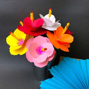 Hibiscus Paper Flowers: Tropical Luau Party Decor, 4.5 inch, 12-Piece