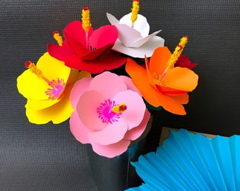 Hibiscus Paper Flowers: Tropical Luau Party Decor, 4.5 inch, 12-Piece