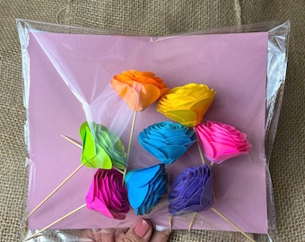 Rainbow Paper Flower Cake Toppers: Unicorn Party Decorations, Set of 8