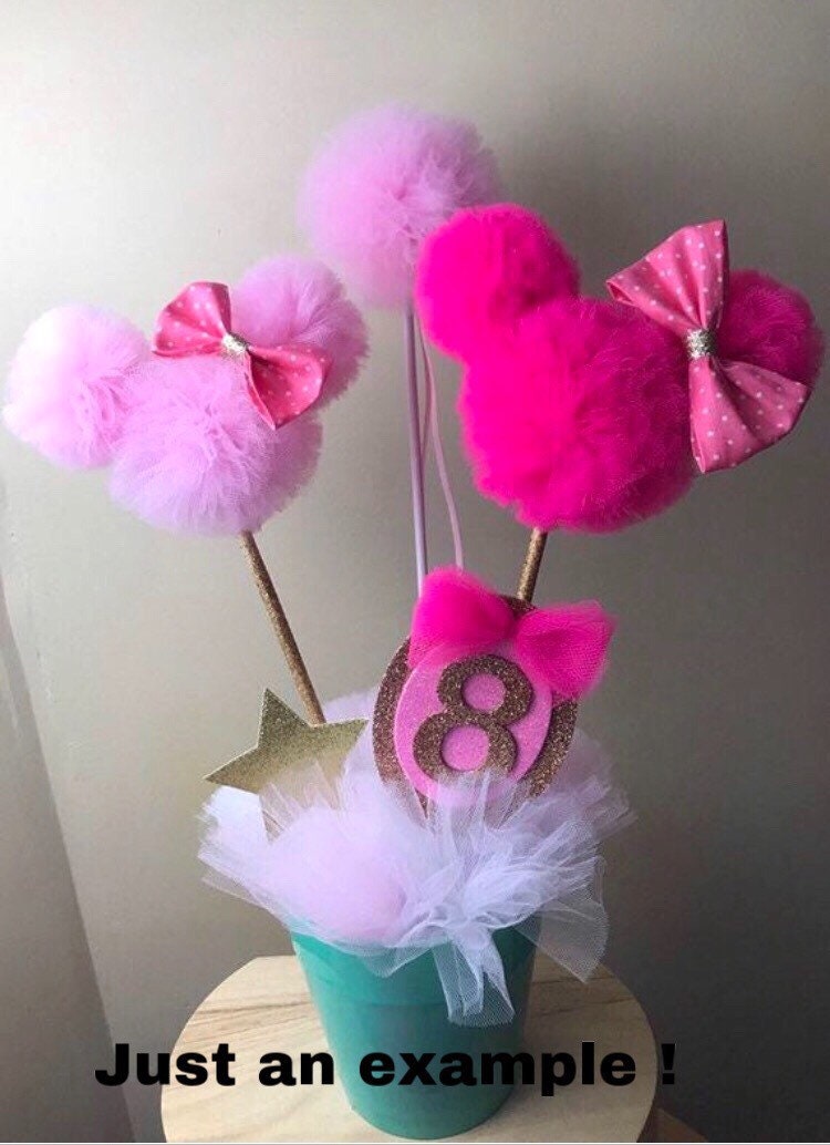 Minnie Mouse centerpiece tulle wands minnie pom pom centerpiece pink and hot pink centerpiece for party girls