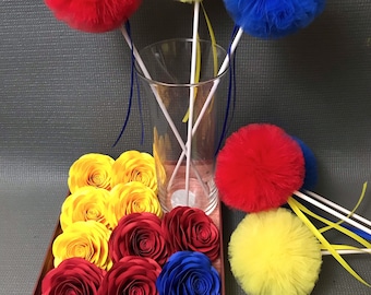 Tulle Pom Pom Wands: Birthday Party Decor, Set of 7