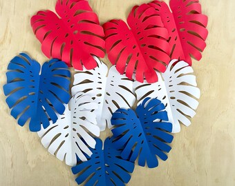Red, White & Blue Monstera Paper Leaves: Patriotic Decor, 26-Piece Set