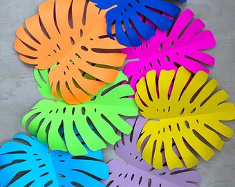 11x11” Rainbow Paper Monstera Leaves, Tropical Party Decor (26 units)