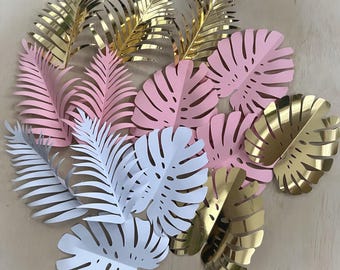 Paper Monstera & Palm Leaves: Pink, Gold, White Tropical Decor