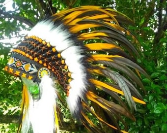 Indianer-Kopfschmuck Mit Federn – Wilder Westen Kostüm-Accessoire, Geflochtenes Stirnband Mit Holzperlen – Für Karneval & Mottoparty