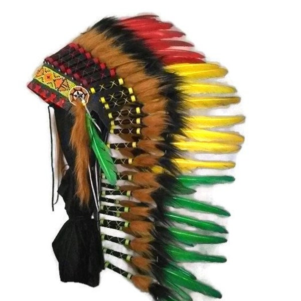 Medium length Indian headdress replica, Feather headpiece, Native American warbonnet style, Reggae, Rasta,  Halloween costume