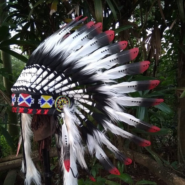 Réplique de coiffe indienne de chef de plumes de commande personnalisée, costume de style amérindien, chapeau de bonnet de guerre fait à la main, costume indien