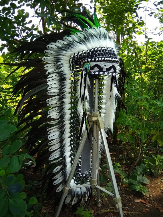 Custom Order Double Feathers Black White Green Indian Headdress replica,Long Length, Native American costume, Chief Indian warbonnet