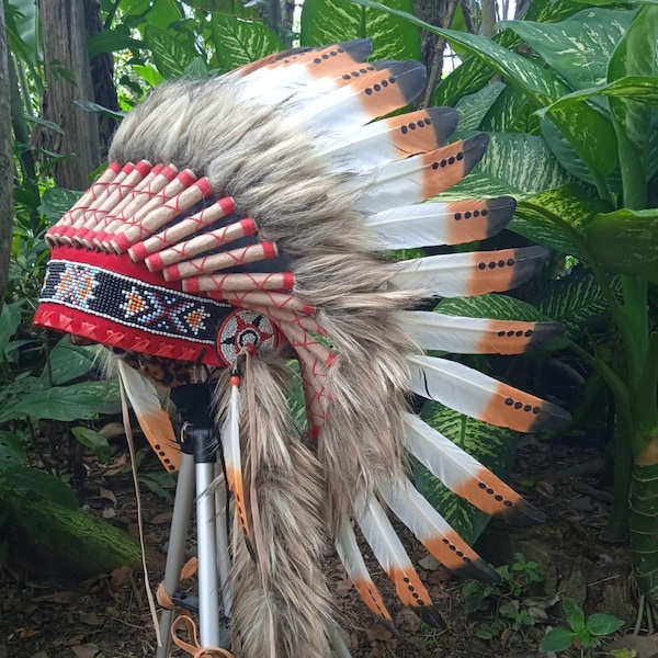 Preciosa réplica de tocado indio, traje de gorro de guerra jefe, tocado de estilo nativo americano, plumas y cuentas, ropa india