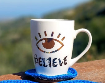 EVIL EYE Becher GLAUBEN Boho Spirituell Höhere Selbstschutz Manifestation Glück Fancy Weiß Keramik Kaffeetasse Griechisches Geschenk
