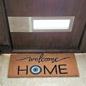 EVIL EYE Doormat Welcome Home Boho Spiritual Rustic Greek Minimalist Flocked Coir Outdoor Doormat Front Porch Decor Realtor Closing Gift