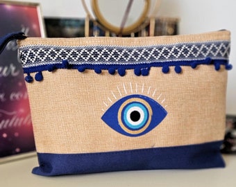 EVIL EYE POUCH Toile de jute marron Boho bleu marine Trousse de maquillage à volants avec fermeture à glissière Trousse bohème rétro Organisateur de voyage Souvenir grec de Santorin