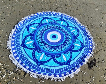 ÜBERGROßE STRANDDECKE mit Evil Eye-Aufdruck, Mandala-Baumwolle, rund, schnell trocknend, Boho-Dekoration, Handtuch, Sonnenbad-Abdeckung, Urlaub, Picknick