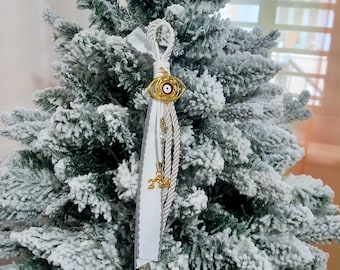 EVIL EYE GOURI Natale Capodanno Ornamento da appendere Gingillo Gingillo Greco Buona fortuna Amuleto protettivo Oro bianco Occhio di Nazar