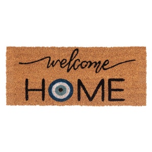 EVIL EYE Doormat Welcome Home Boho Spiritual Rustic Greek Minimalist Flocked Coir Outdoor Doormat Front Porch Decor Realtor Closing Gift